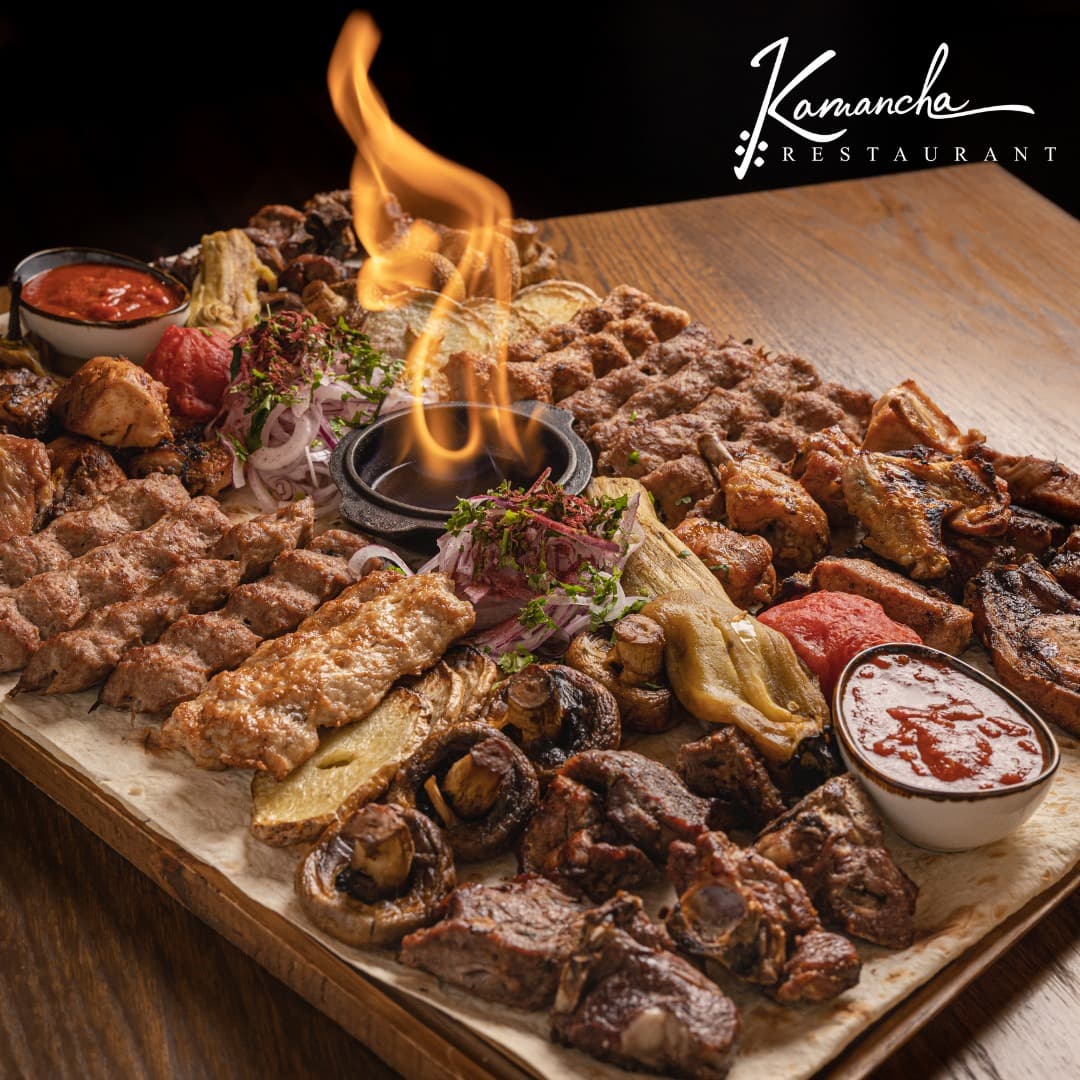 A traditional Armenian khorovats platter — flame-grilled meats
